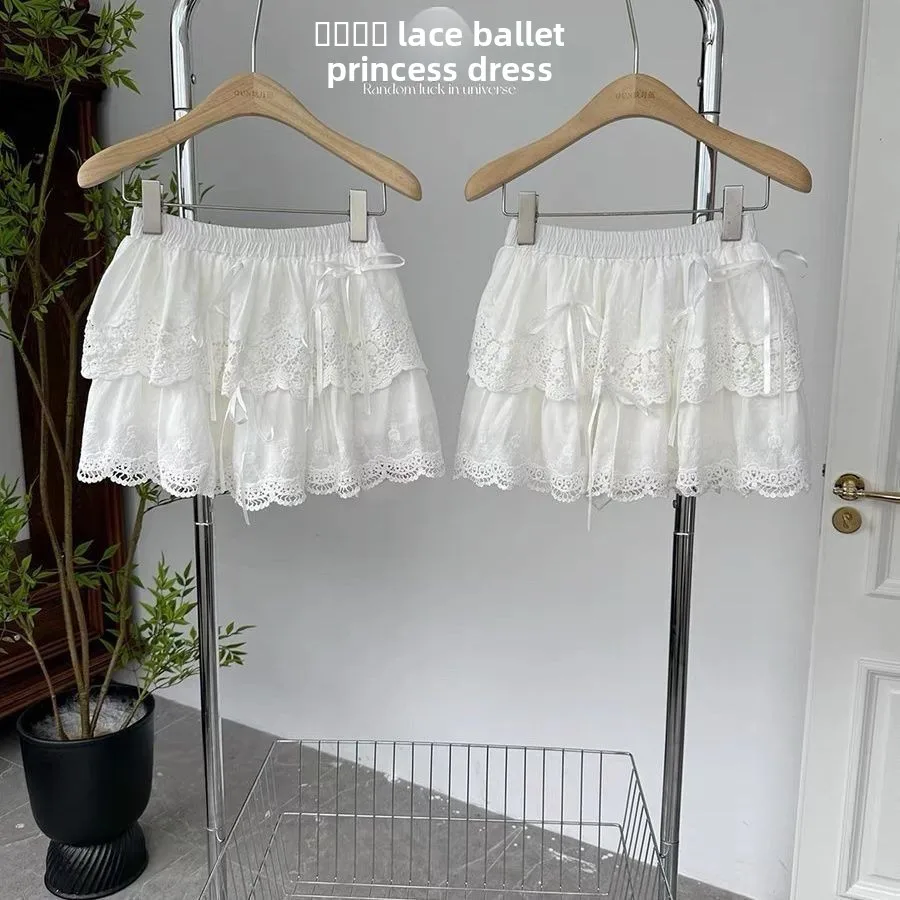 

Ballet Sle White Lace Puffy f Skirt with Bowknot for Women Spring Season Princ ort Skirt Casual High Waist Design