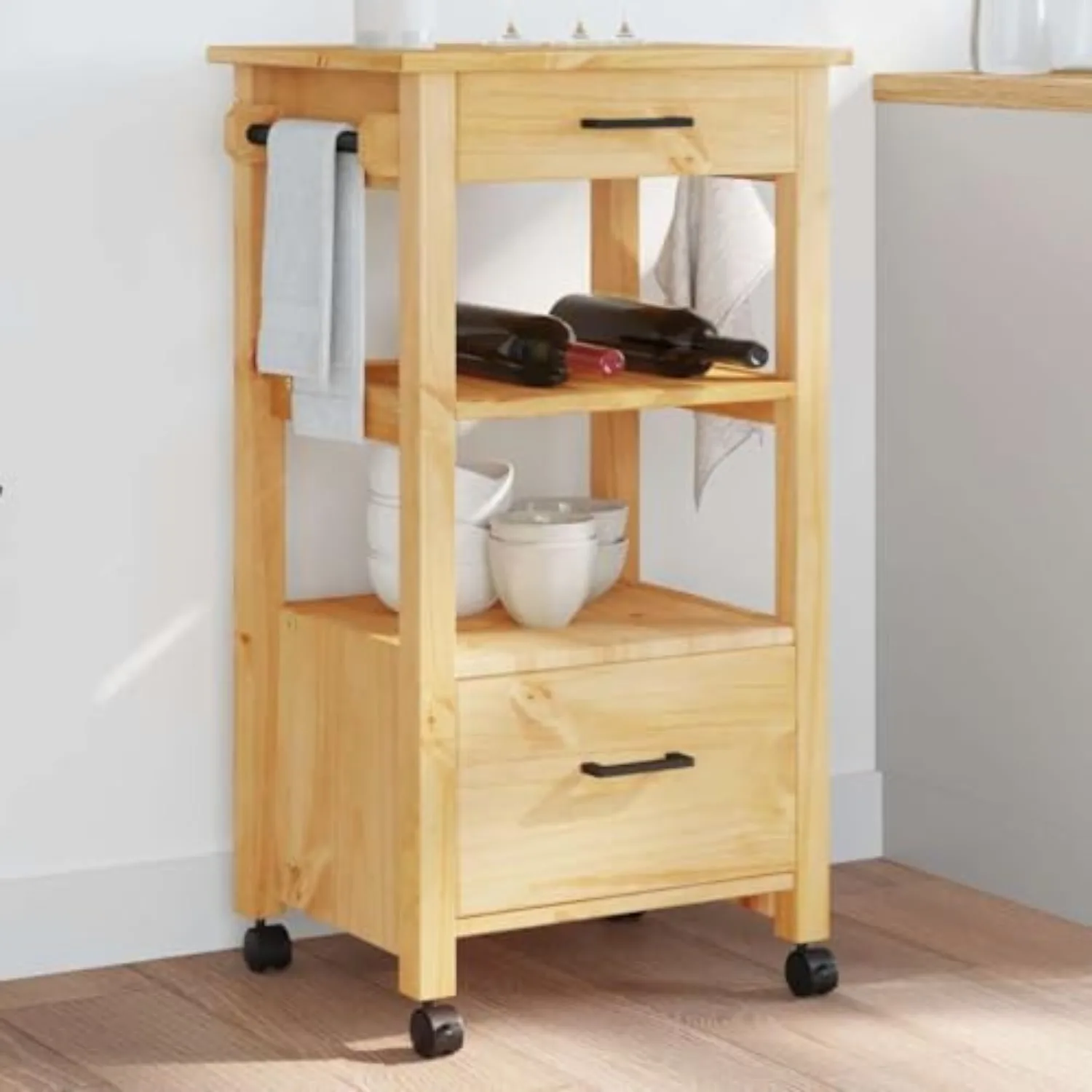 Kitchen Trolley Cart, Rolling Storage Organizer with 2 Drawers and Shelves, Rustic Solid Pine Wood Utility Island for