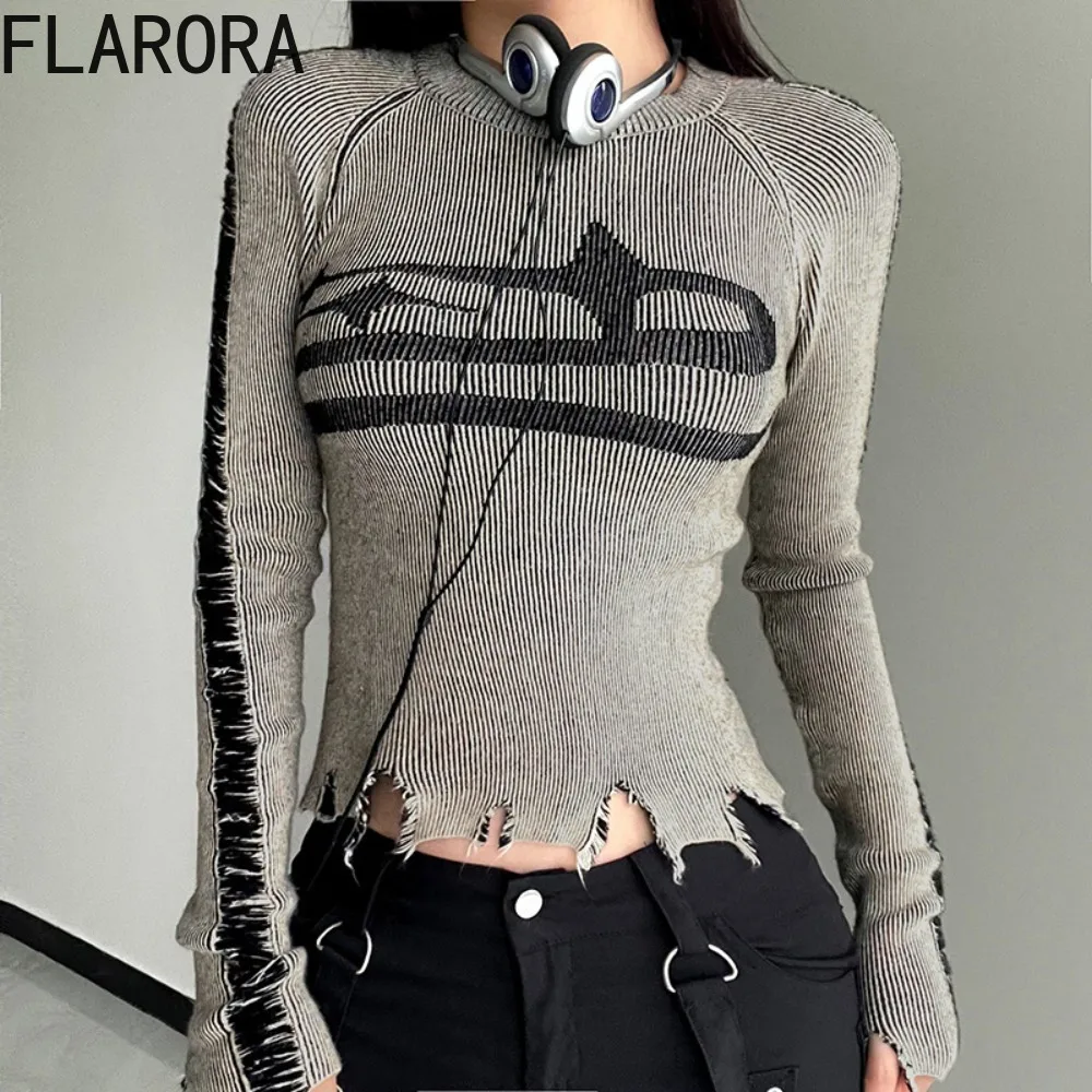 FLARORA Fashion Y2k Print Shorts Two Piece Sets Woman Round Neck Long Sleeve Pullovers And Pu Leather Shorts Outfits Streetwear