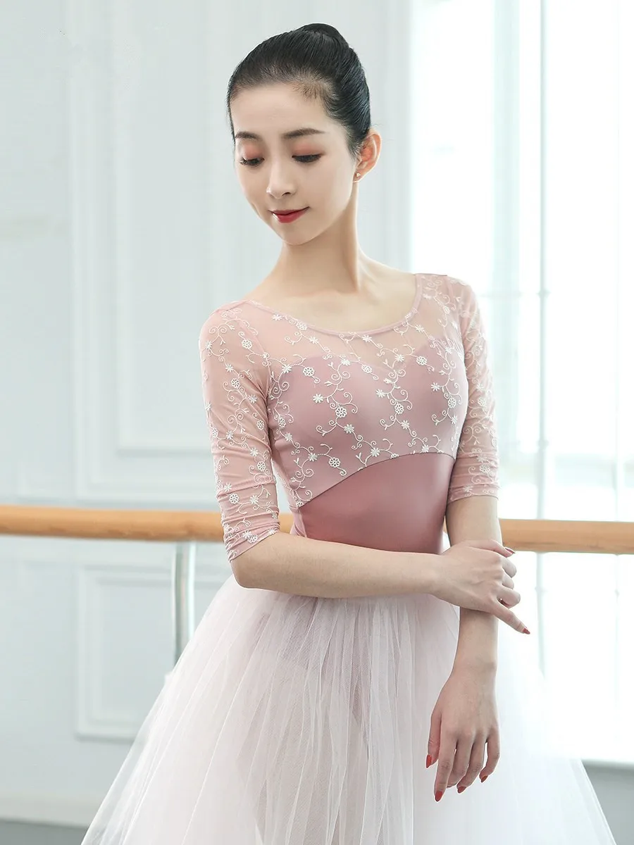 Middle Sleeve Ballet Practice Clothes Flower Embroidery Adult Gymnastics Jumpsuit Dancewear Competition Performance Leotards