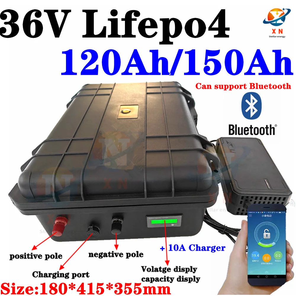 

whatproof 36V 150AH lifepo436v 120Ah lifepo4 lithium chargeable battery for 3000w go cart bike scooter boat +10A Charger