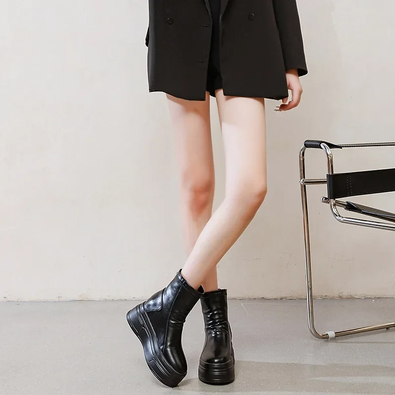 Fujin 8.5cm Retro Synthetic Leather Snow Heel Boot Ethnic ZIP Platform Flats Autumn Women Motorcycle Ankle Booties Winter Shoes image 5