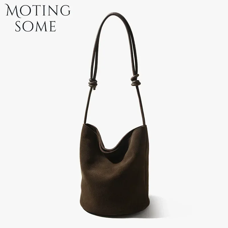 Motingsome Suede Leather Handbag Women Mini Bucket Tote Strings Shoulder Vintage Bags Winter Daily Commuting Purses 2024 New