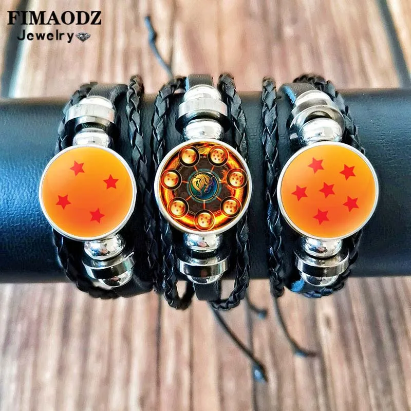 Seven Stars Bracelet for Men Dragon Ball Poster Japan Anime Punk Fashion Glass Button Leather Bracelets Wristband Fans Collect