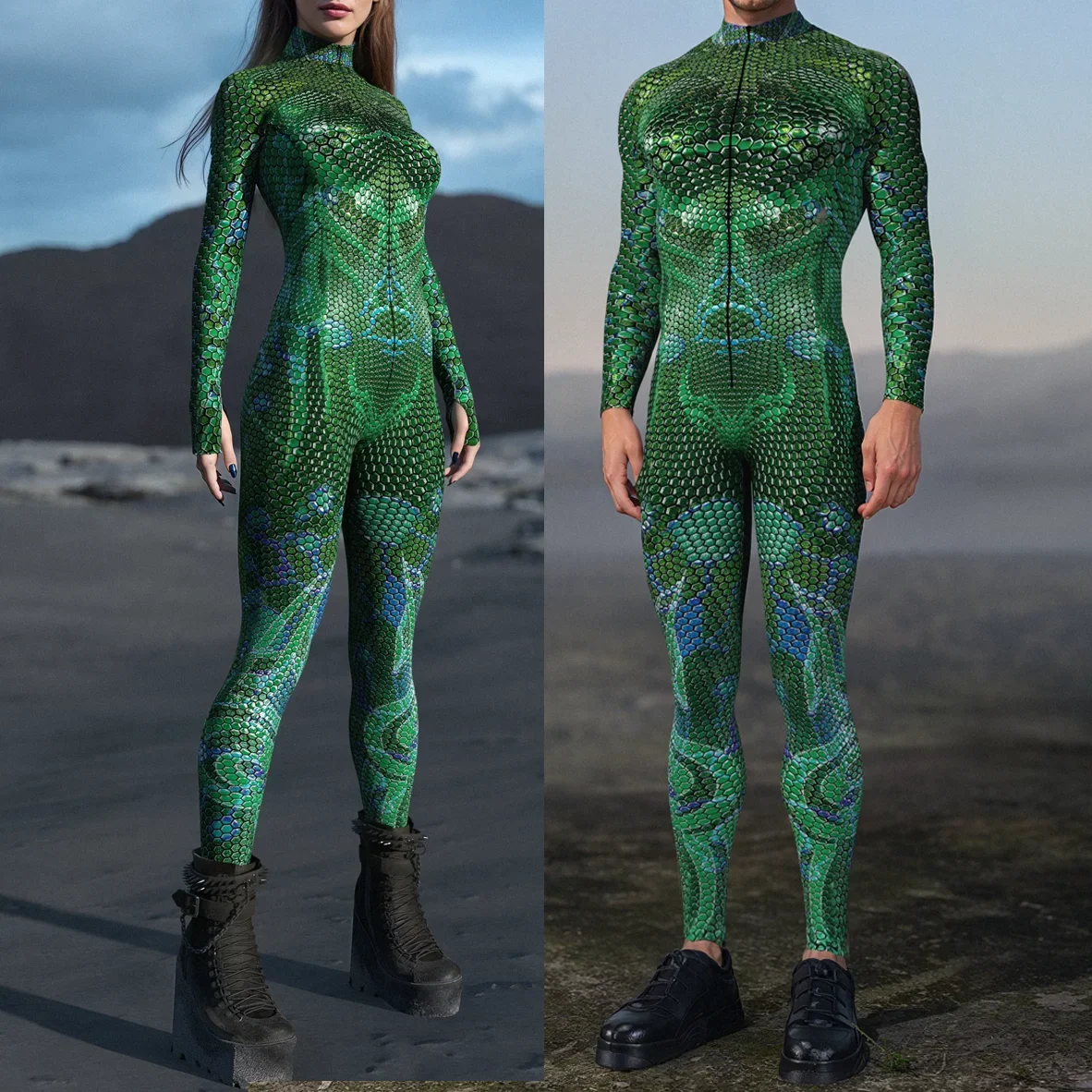 

Green Snake Scales Print Cosplay Jumpsuit Women Punk Catsuit Performance Zentai Festival Rave Party Costume Couple Sexy Bodysuit