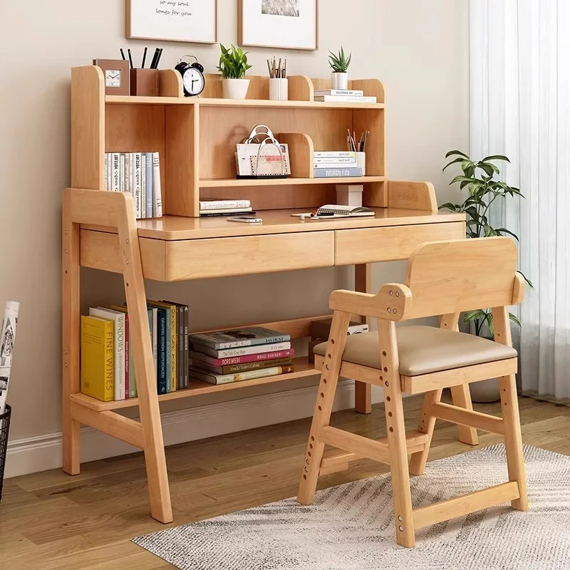 Solid wood desk bookshelf integrated student learning writing table household simple desk bedroom can lift computer desk