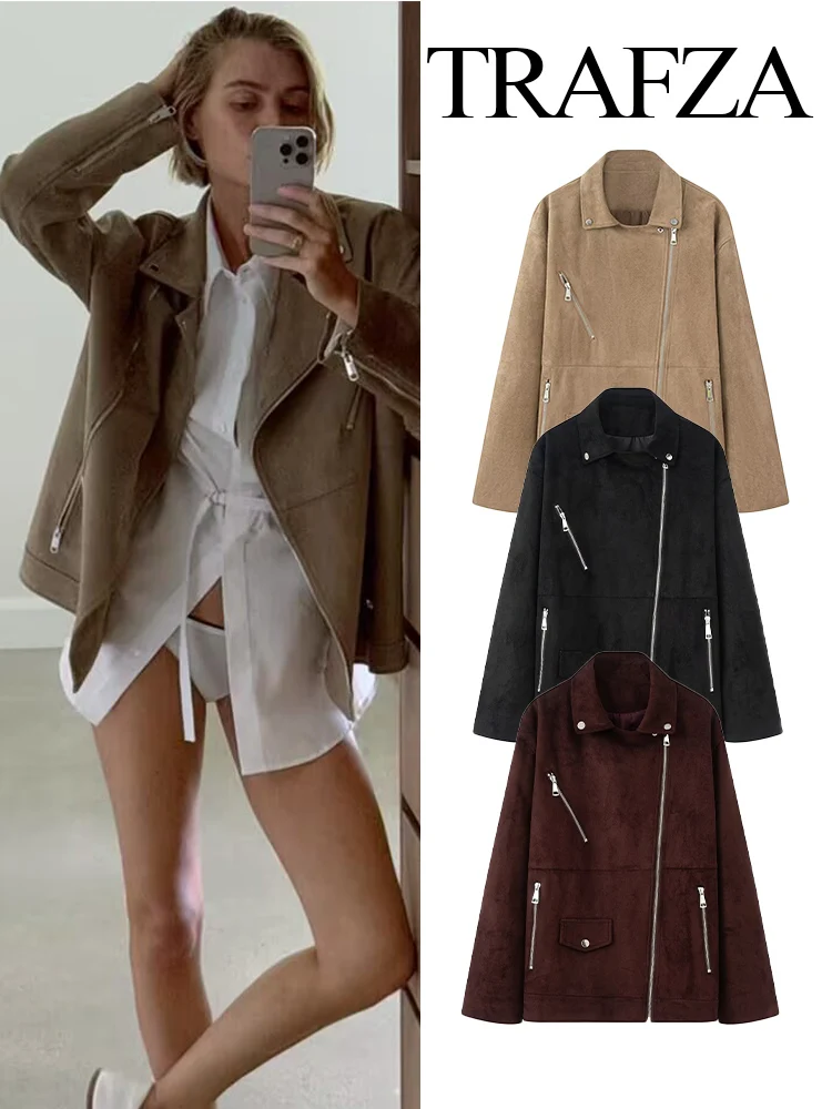 

TRAFZA Women Autumn Fashion Versatile Suede Texture Effect Motorcycle Lapel Jacket Female High Street Casual Zipper Pocket Coat
