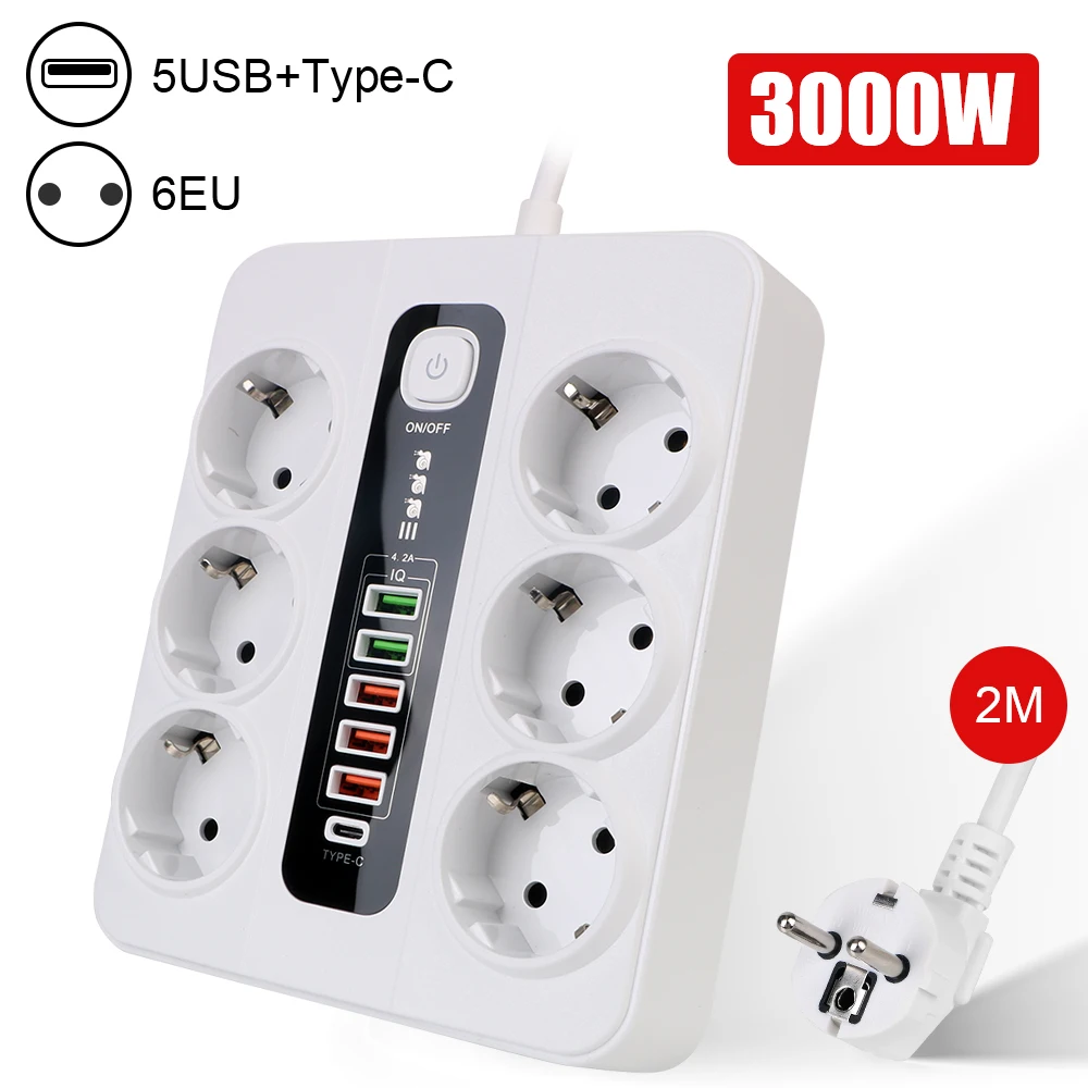 Extension Socket USB Type C Power Strip For Office Home Overload Protection 2M Cable With Safety Switch Outlet EU Plug 3000W