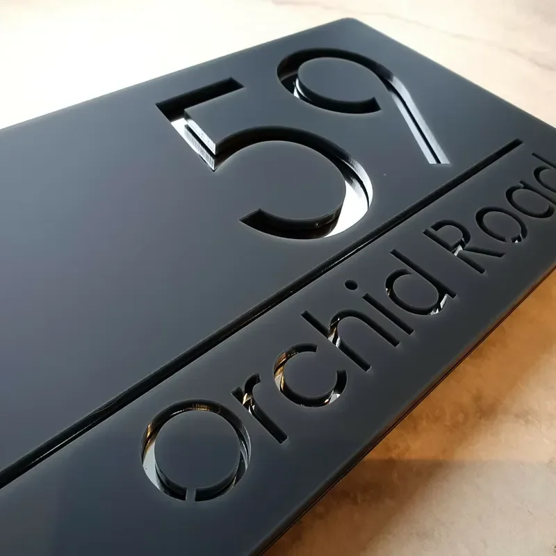 Laser Cut Grey Acrylic House Number Sign - Silver Mirror Backing Custom Address Plaque for Door