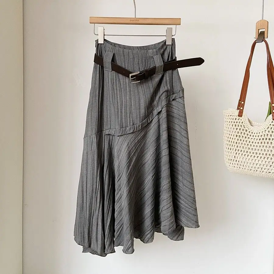 Women's Textured Midi Skirt with Belt, Asymmetrical Ruffled Hem, Casual A-Line Flared Skirt