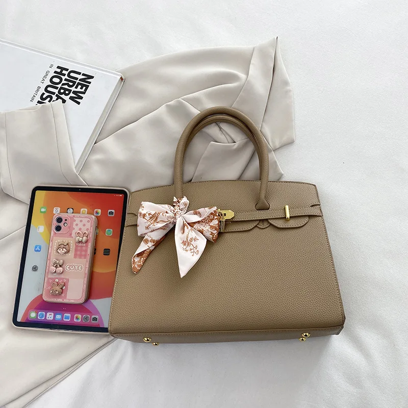 

2026 Trendy Silk Scarf Decor Tote Bag for Women, Fashion Large Capacity Commute Shoulder Bag