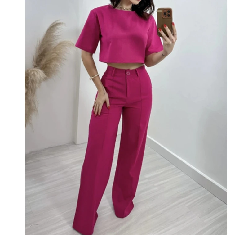 2 Piece Sets Womens Outfits Summer 2024 New Fashionable Short Sleeve Top and High Waist Wide Leg Suit Pants Suit Streetwear