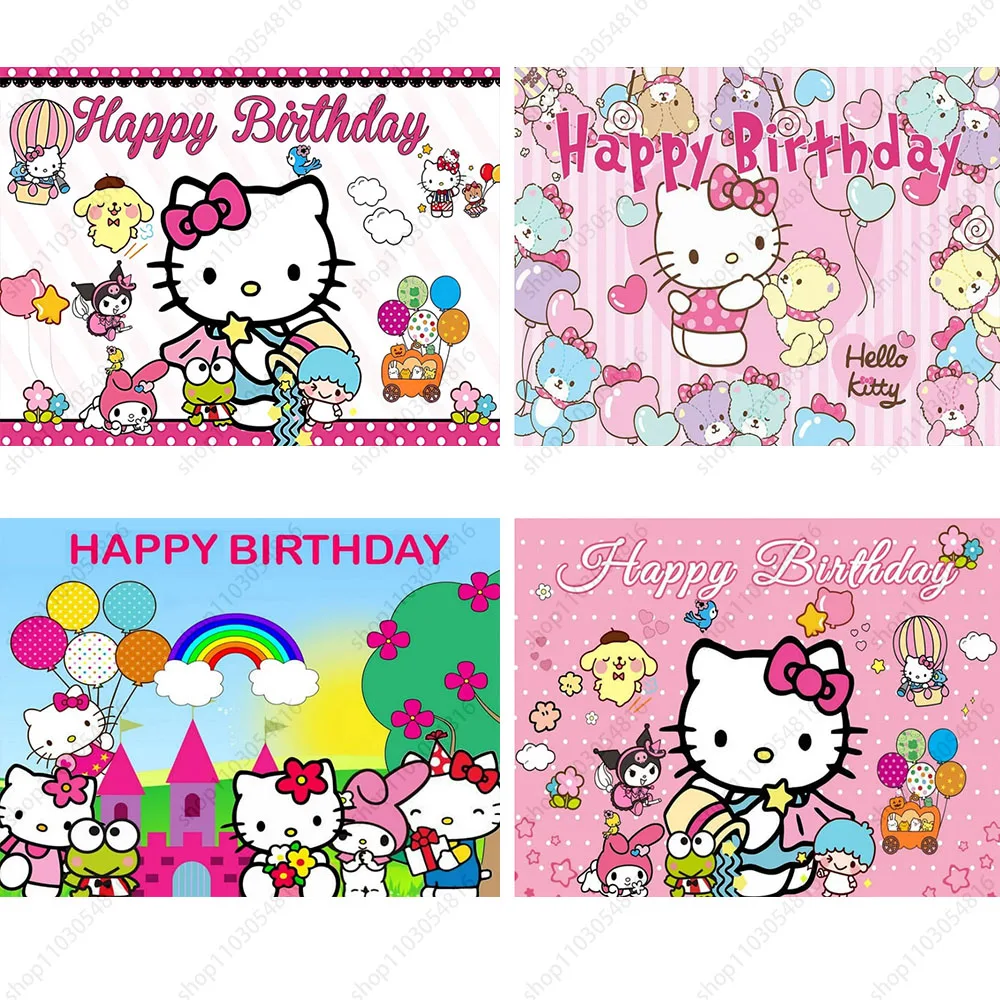 Hello Kitty Photography Backdrop Sanrio Pink Colorful Happy Birthday Cute Party Decoration Banner Photo Background Booth Props