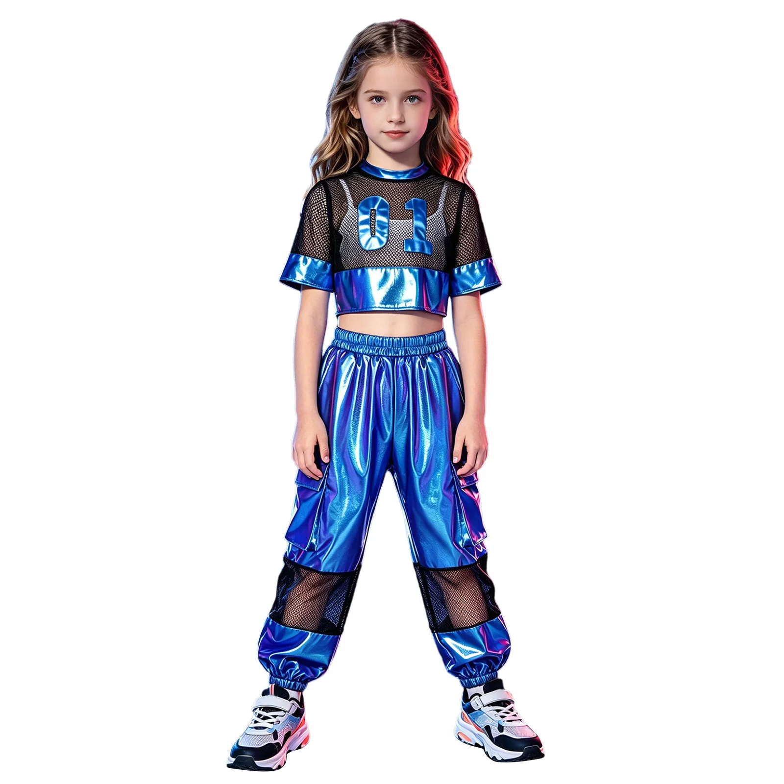 

Kids Jazz Dance Performance Outfit Mesh Patchwork Short Sleeve Top with Shiny Cargo Pants for Hip Hop Street Dance Competition