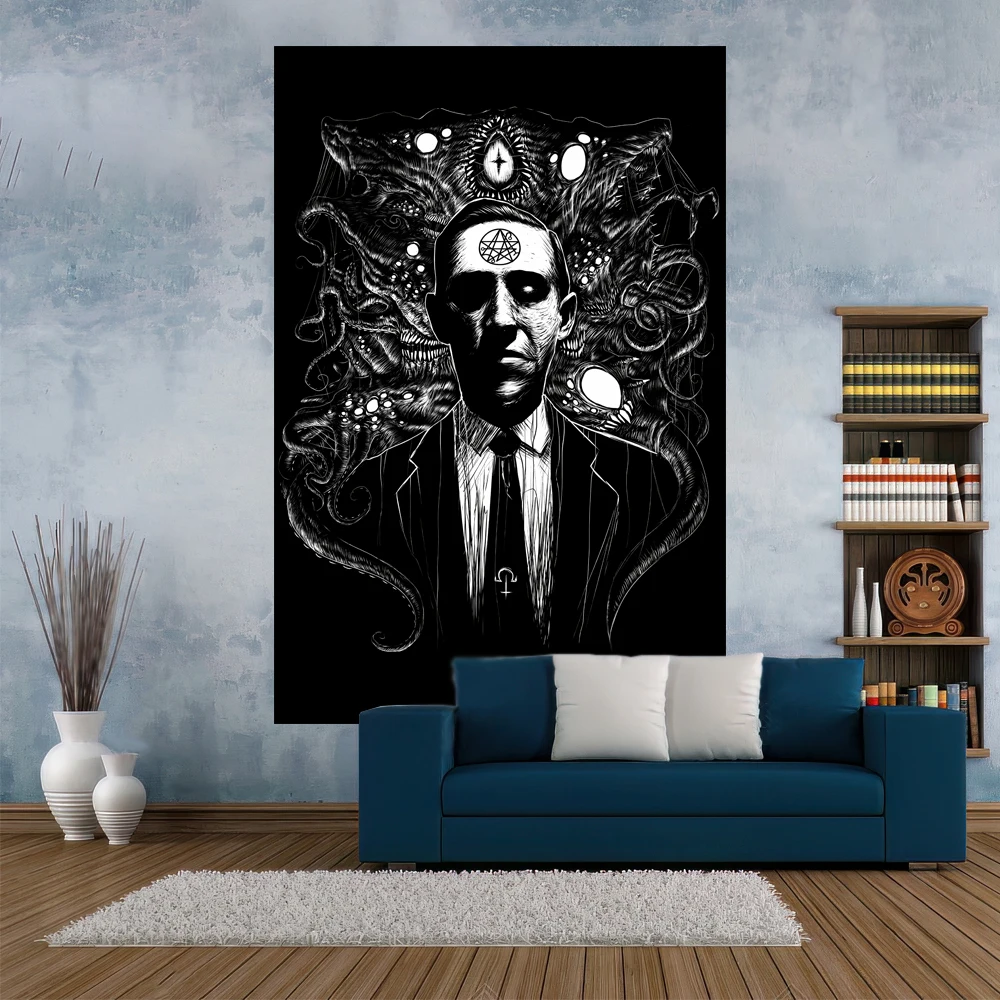 Anime Cthulhu Tapestry Black And White Printed Hippie Wall Hanging Aesthetics Home Decoration Dormitory Background Sofa Blanket