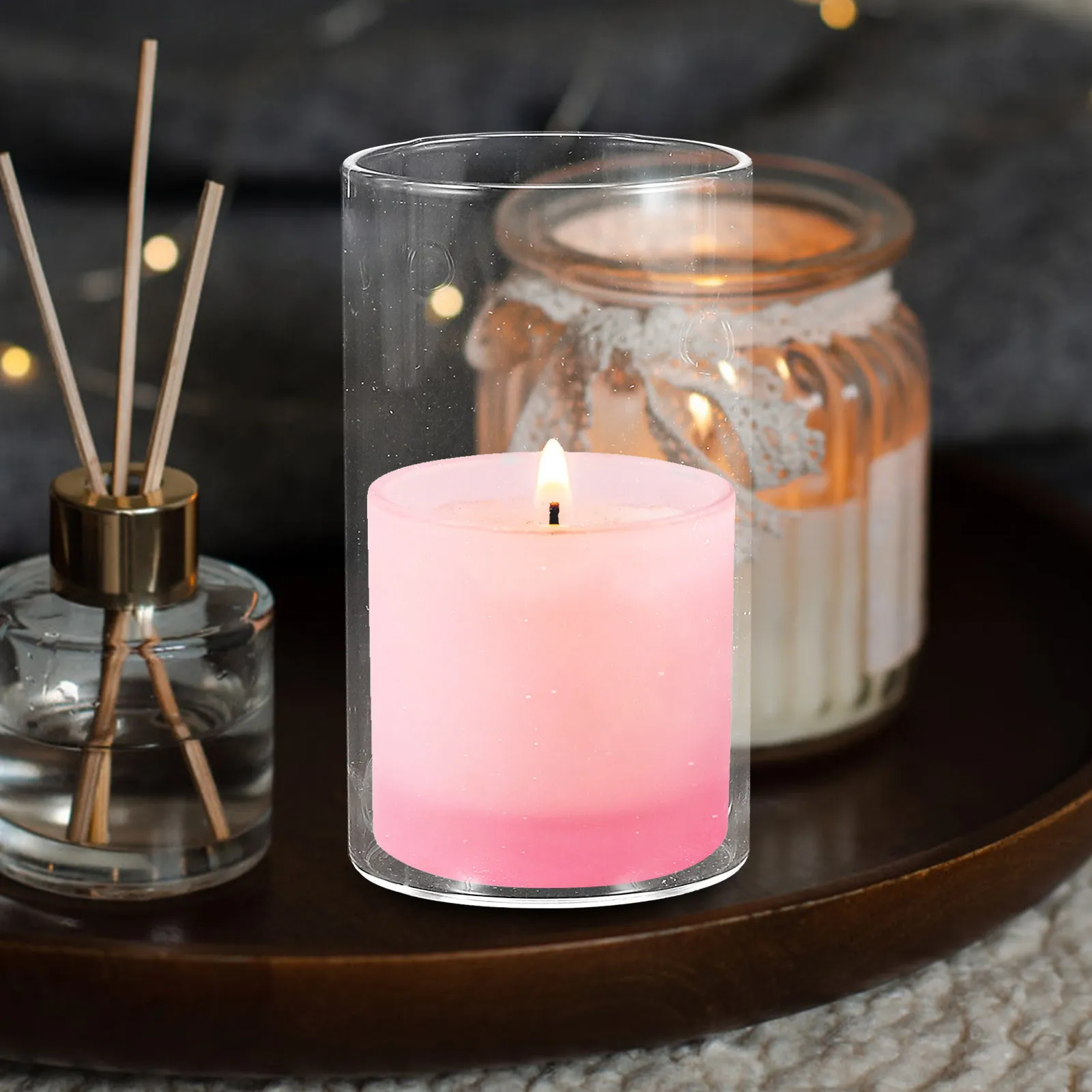 3pcs Glass Lampshade Cylinder Candle Holders Pillar Candlestick Transparent Cover Dining Table Wedding Parties Home Decor