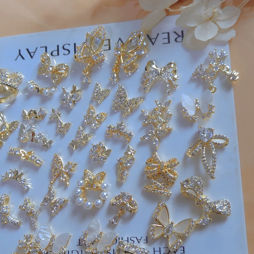 10 piezas por lote, dijes de metal con mariposa dorada y lazo de circonio, decoraciones de lujo para uñas, accesorios y partes 2