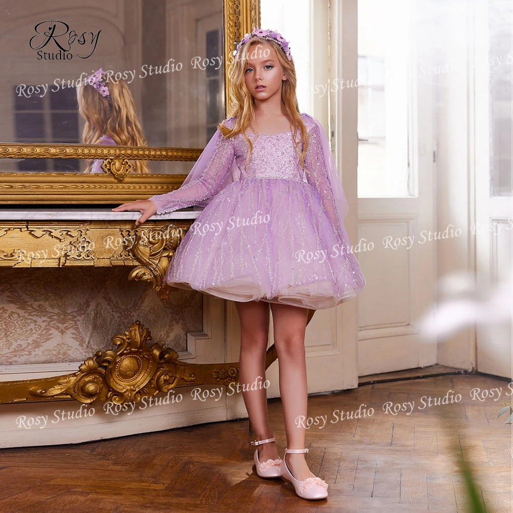 

Sparkly Lilac Pageant Dress with Cape A-line Beaded Mini Flower Girl Dresses Long Sleeves Pink Kid's Prom Dress for Christmas