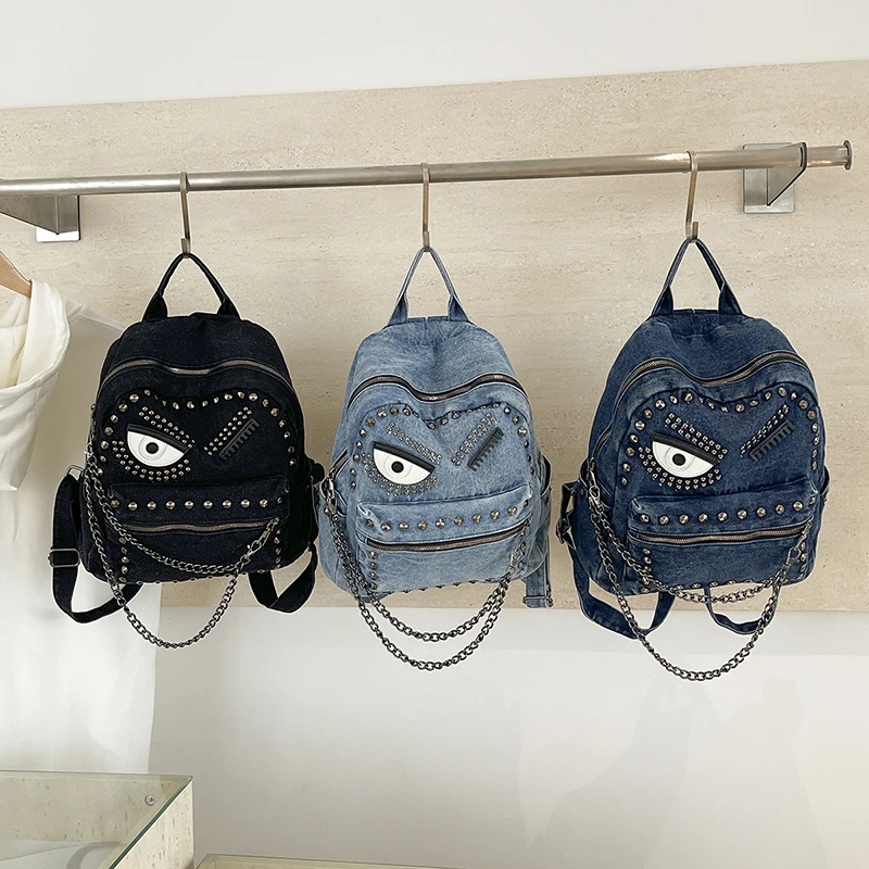 Vintage Denim Rivet Backpack Women Punk Eye Pattern Chain Decor Rucksack Gothic Studded Large Capacity Casual Travel Backpack view 5