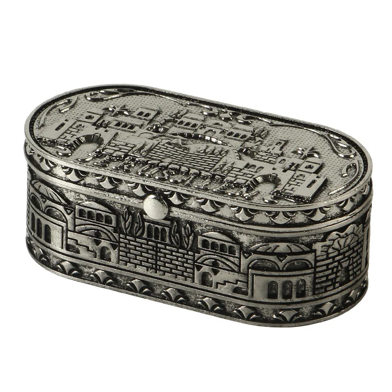 Vintage Silver Portable Shabbat Candle Box Jerusalem Pattern Double Travel Candlestick Jewish Sabbath Judaica Religious Gift