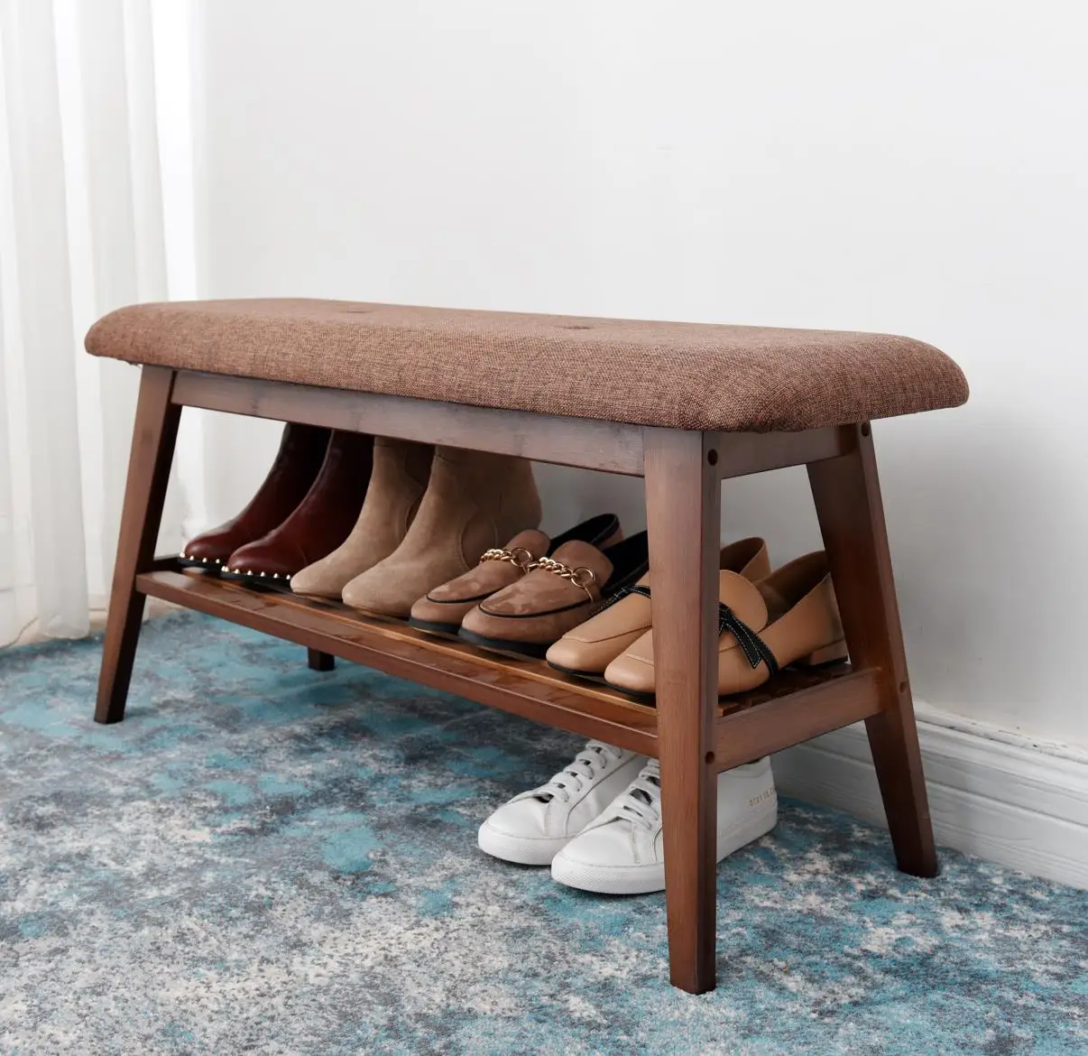 

Modern Wooden Versatile Bamboo 2 Shelves Small Shoe Rack Space Saving Outdoor Cabinet Living Room Storage Bench Home