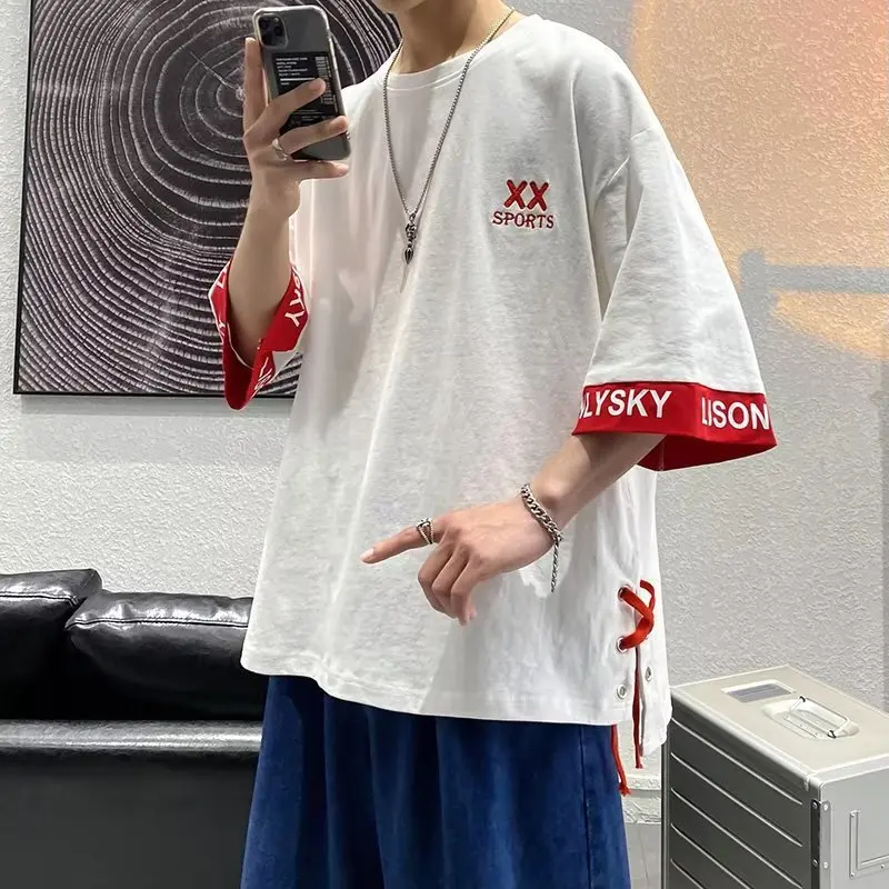 2024 Summer New Men's Pullovers Crew Neck Color Letter Trendy Loose 3/4 Sleeve Preppy Style Irregular Fork Opening T-shirt Top