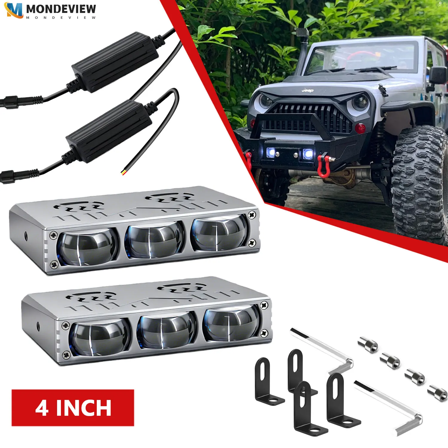 

MONDEVIEW 2pcs 4-inch Three Lens Car Grille Light, Motorcycle Auxiliary Driving Light, Truck Off-road Vehicle High Brightness L