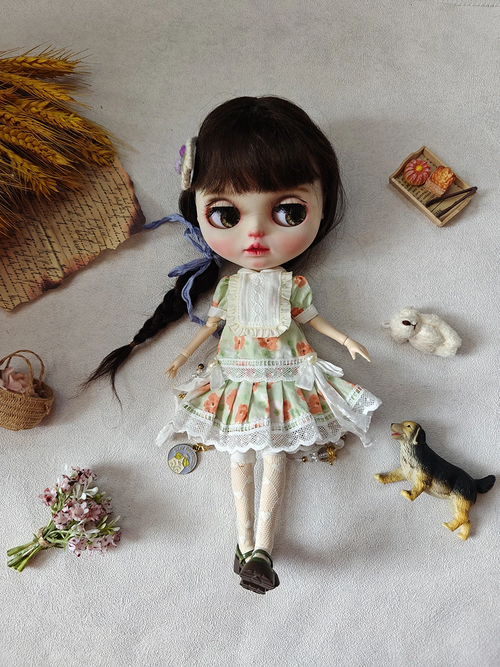 ブライス人形服アンティークドールドレスブライス用ライトグリーンオレンジプリントドレスob24 ob22アゾン人形服