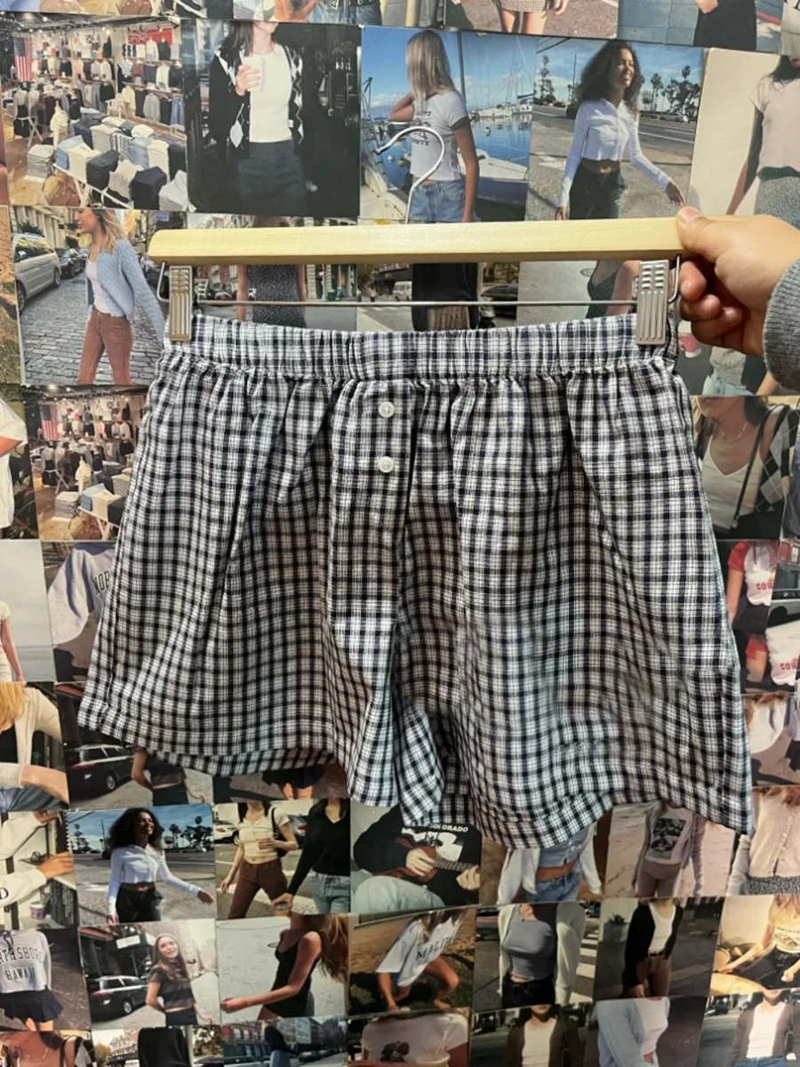 Vintage Gray Plaid Long Boxer Shorts Women Summer Two Buttons Elastic Waist Straight Short Pant Sweet Streetwear Sweatshorts Y2K