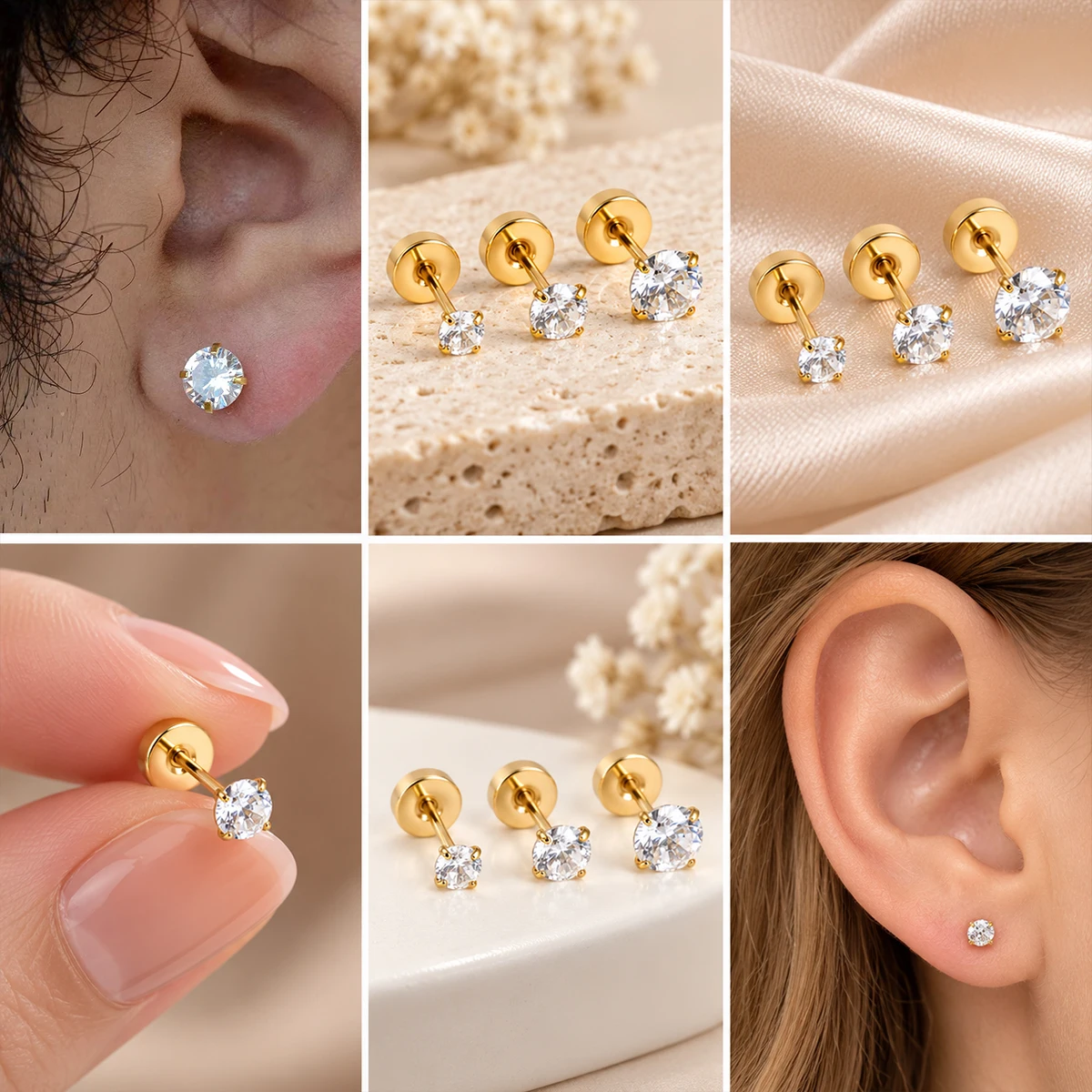 3PCS Sparkling Cubic Zircon Flat Back Helix Cartilage Earring Set Women Men Tiny Tragus Conch Lobe Stud Piercing Jewelry 3/4/5mm