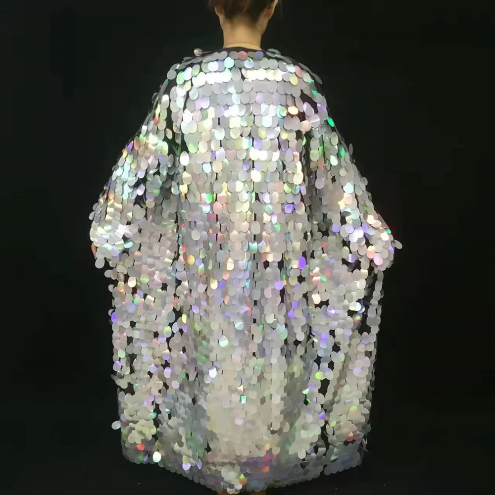 Sparkly Stage Performance Pink Sequins Coat Long Cloak Dance Costume Women Singer Dancer Concert Catwalk Hip Hop Clubwear