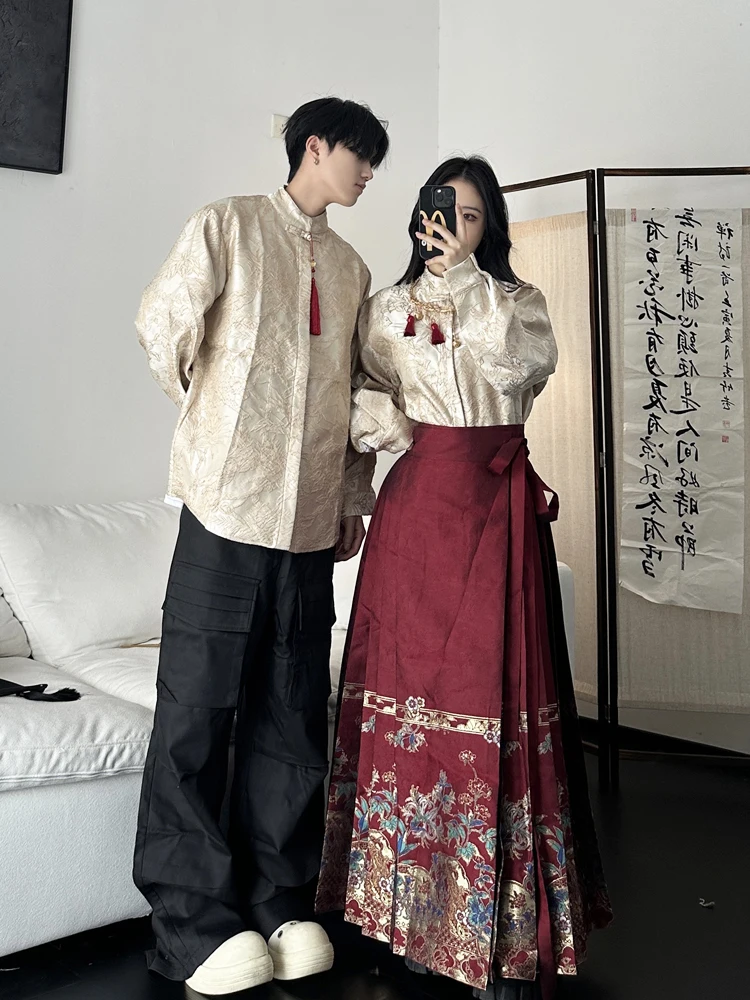 Red Long Sleeve Button up Shirt Couple's Set Traditional Chinese Style Hanfu Wedding Clothes Daily Wear  Tailed Skirt