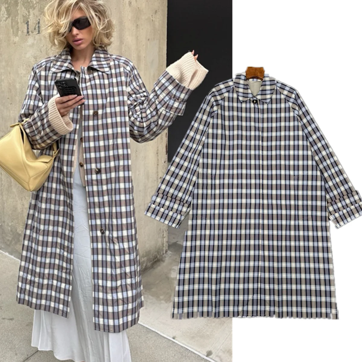 

Withered Minimalist British Women's Clothing Grid Printed Trench Coat Autumn Winter 2025 Retro Simple Loose Collared Jacket Wome
