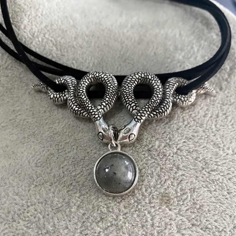 Gothic Double Layer Snake Choker Necklace for Women Vintage Punk Creative Natural Stone Pendant Necklace Jewellery Accessories