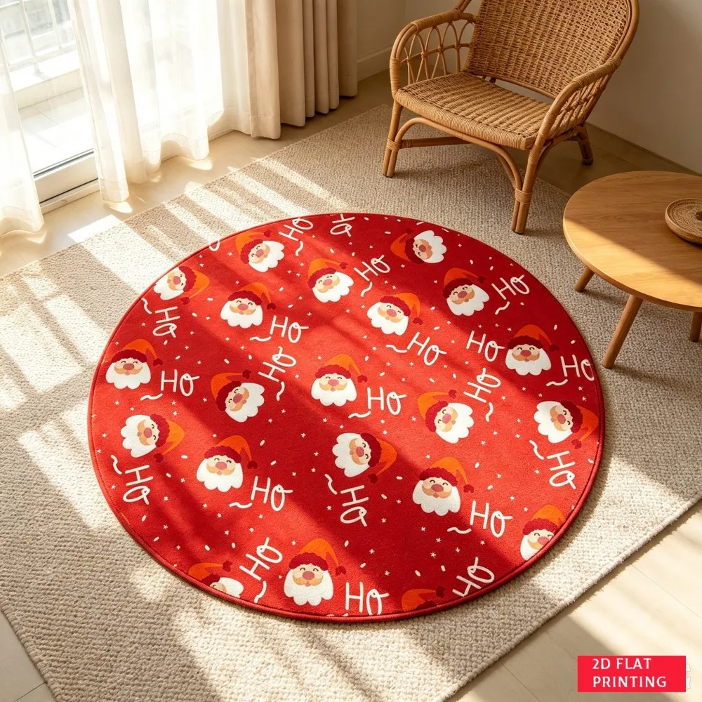 Red Santa Claus Round Area Rug Ho Ho Ho Circular Floor Mat Present White Dot Holiday Winter Carpet for Foyer Corridor