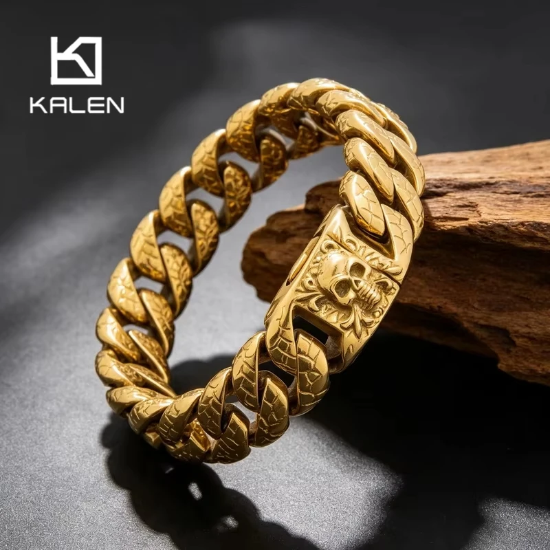 Kalen Vintage Heavy Stainless Steel Cuban Chain Bracelet for Men Punk Snake Grain Skull Accrssory Gothic Thick Party Jewelry