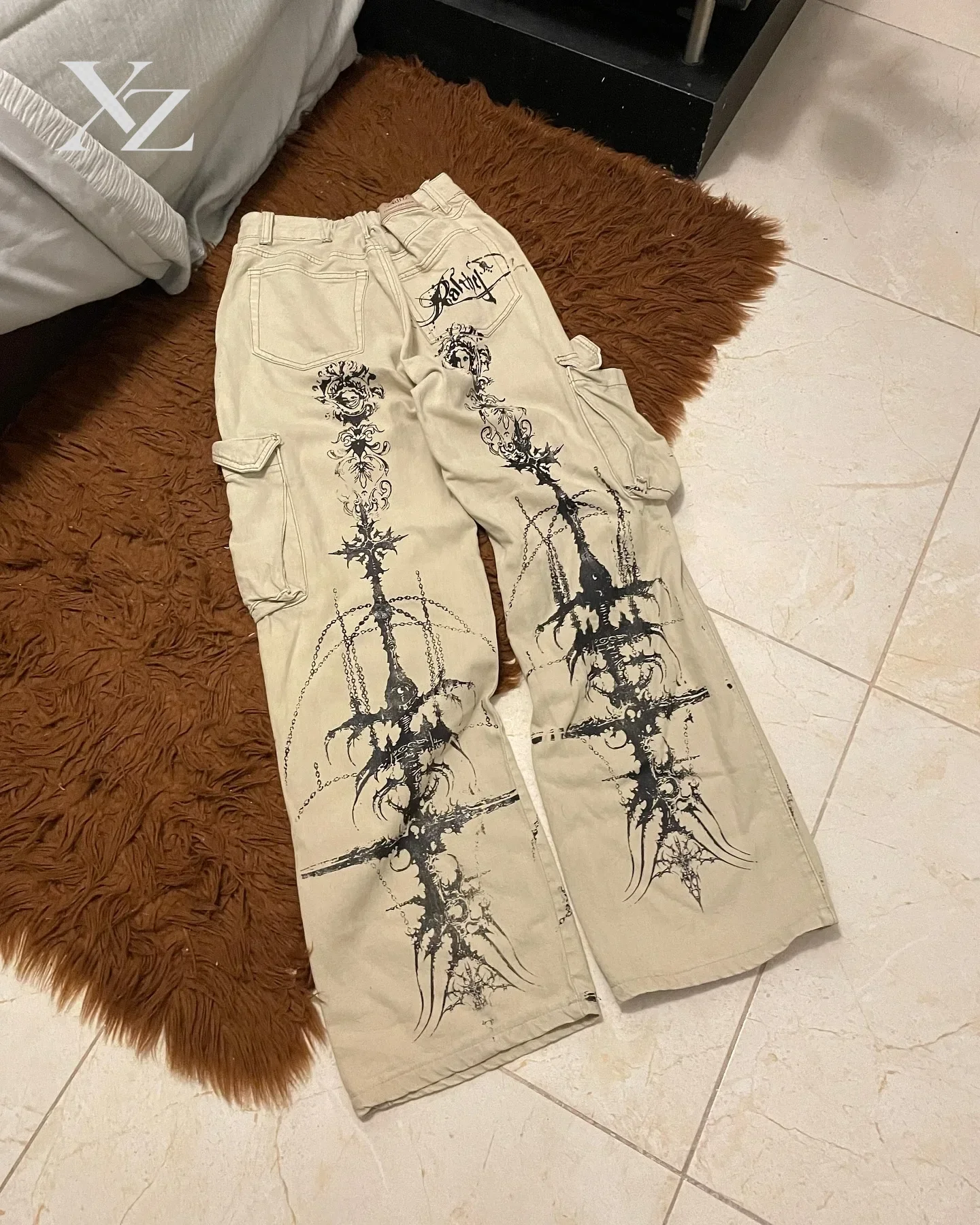 Y2K White Techwear Work Cargo Jeans Gothic Cross Angel Reflective Stripe Baggy Streetwear Unisex Hiphop Punk Style Joggers