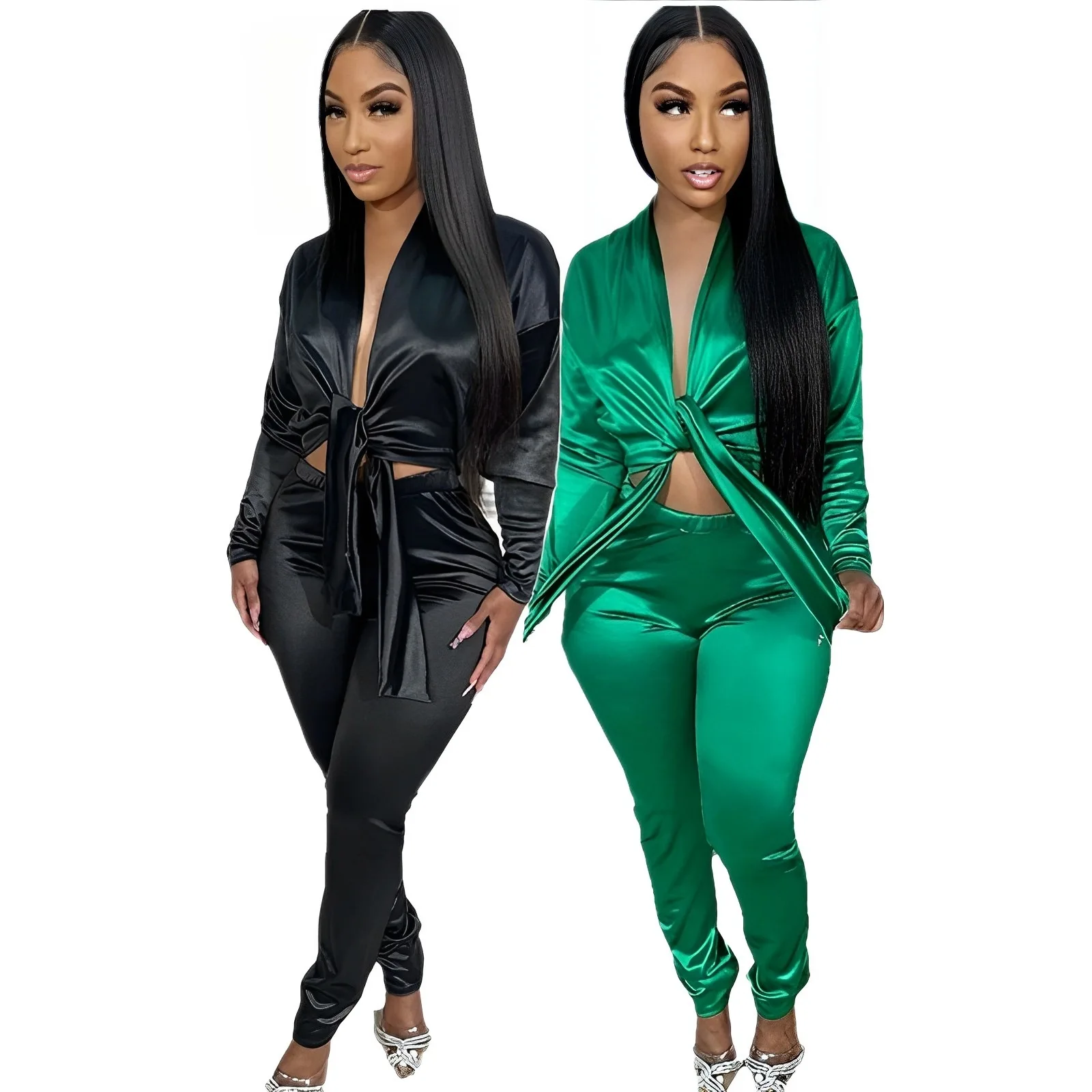 

Satin Women 2 Piece Set Solid Lace Up Crop Top High Waist Pants Matching Set 2024 Autumn Winter Sexy Night Club Party Outfits