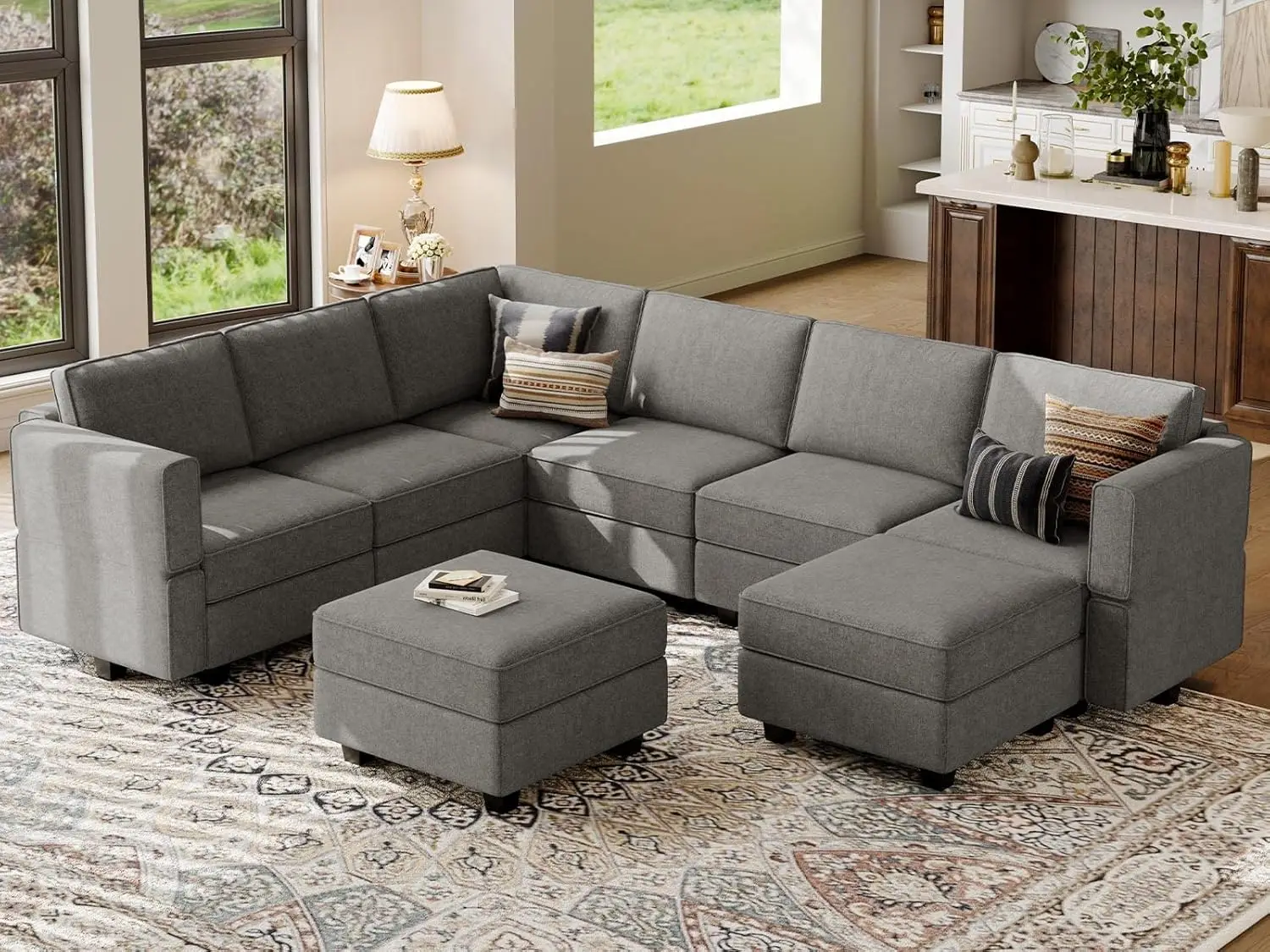 

Oversized Modular Sectional Sofa U Shaped Couch Set with Storage Seat Convertible Large Couch U Shape Set Grey