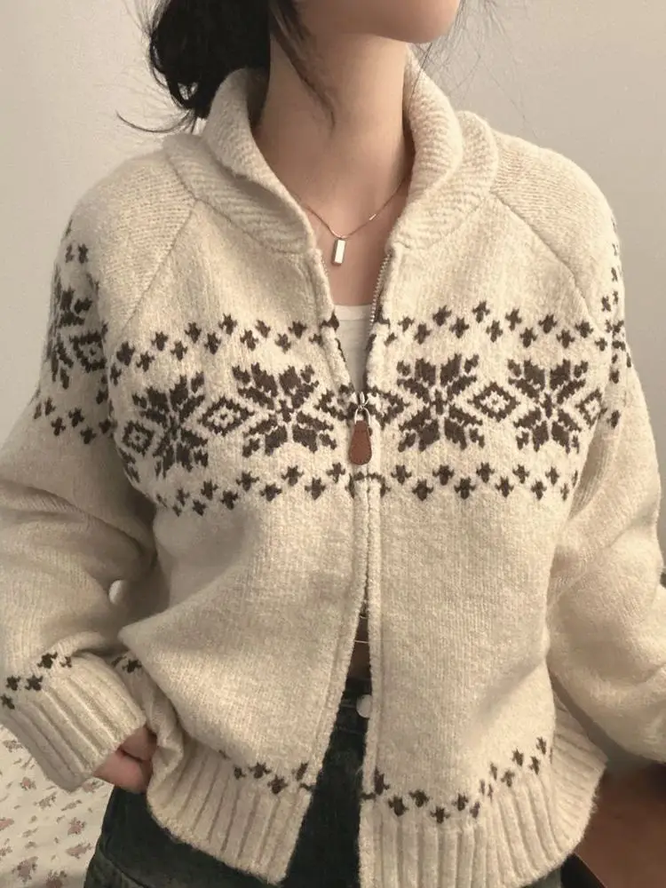 

Retro College Sle Women's Loose Knitted Open Cardigan Snowflake Embroidery Double Zipper Sweater Coat Warmth Daily Wear