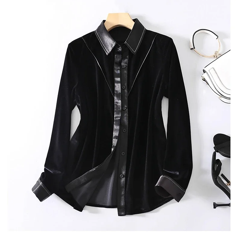 Vintage Black Velour Shirts  Women PU Patchwork Velvet Shirts Women office lady Velour Patcwork PU Shirt