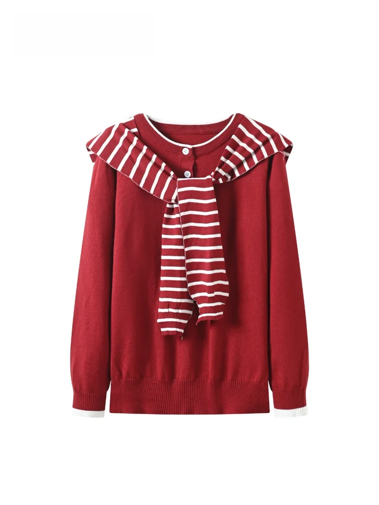 

Женский трикотажный топ больших размеров с длинным рукавом в полоску, весенний модный дизайн с открытыми плечами, антивозрастной эффект, трендовый, из полиэфирного волокна