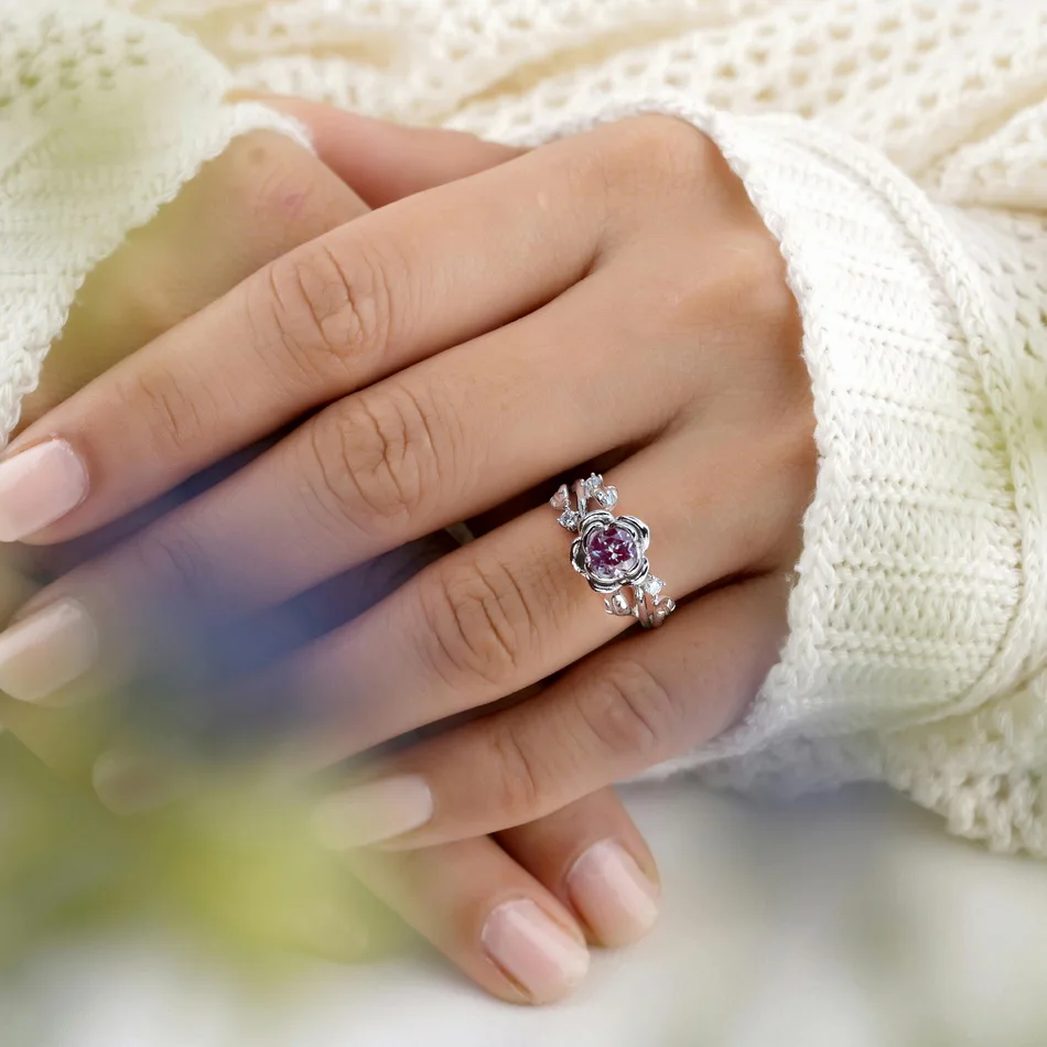 ALLNOEL 0.5ct Alexandrite 100% 925 Silver Rings For Women Color Changing Gemstone Flower Romance Wedding Gifts  June Birthstone