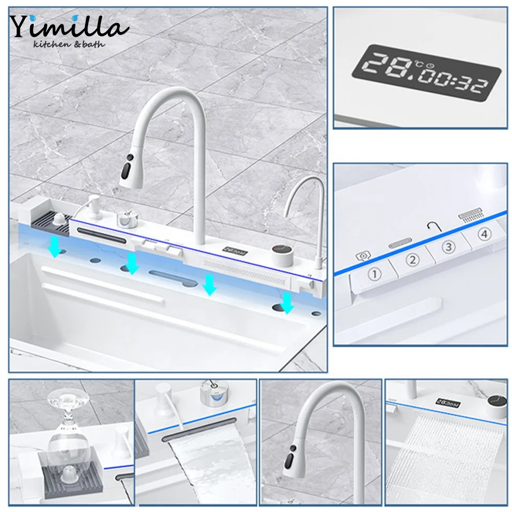 High Tech Stainless Steel Sink Single Bowl White Kitchen Sink Digital Waterfall Faucet Single Bowl Smart Kitchen Sink