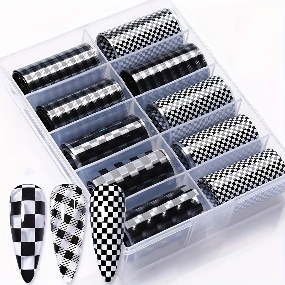 10Pcs Box Set of Black and White Checkered Nail Foil Transfer Stickers, Black and White Checkered Nail Art Stickers, Art Design Tools, Nail Art Starry Sky Paper, Nail Foil Transfer Stickers, Nail Supplies, Decal Stickers