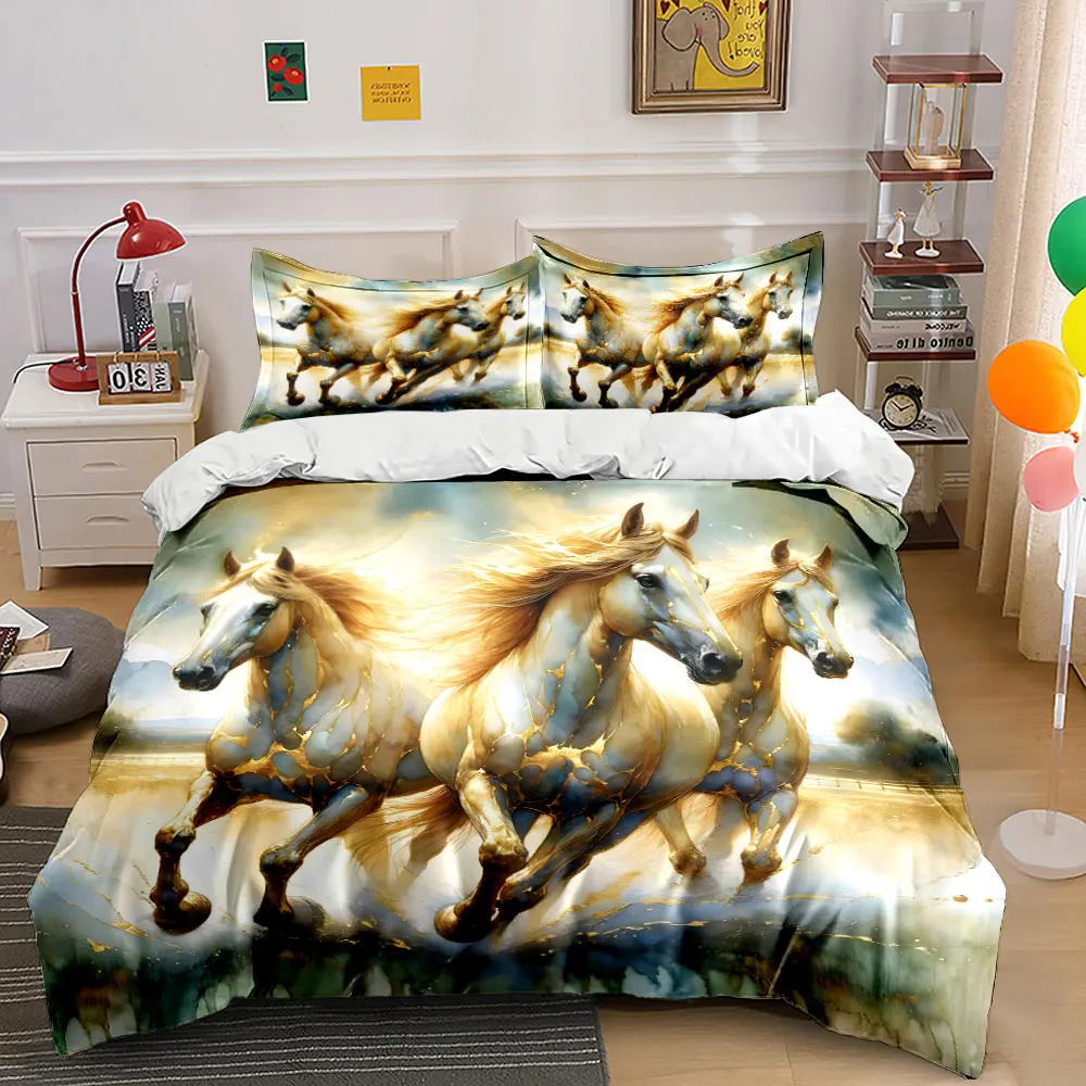 Golden Dynamic Running Horses Artwork Print Soft Comfortable Duvet Cover Bedding Set Included 1*Duvet Cover  2*Pillowcases
