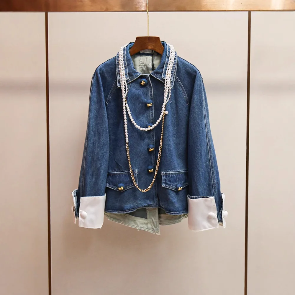 

Модный ретро современный джинсовый джинсовый комплект с жемчужной цепочкой, широкие брюки и юбка, элитная женская одежда от BAGA