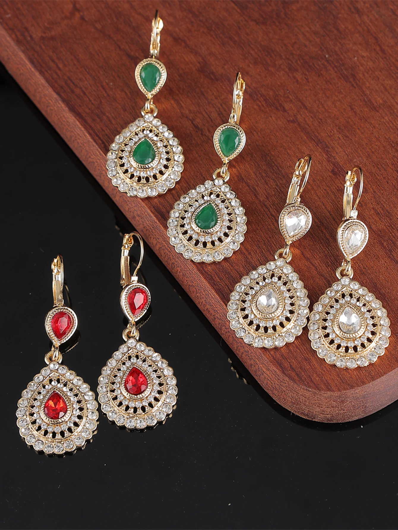 Ethnic Wedding Drop Earrings Hollow Teardrop Crystal Rhinestone Gold Tone Lever Back Dangle Earrings Moroccan Dubai Party