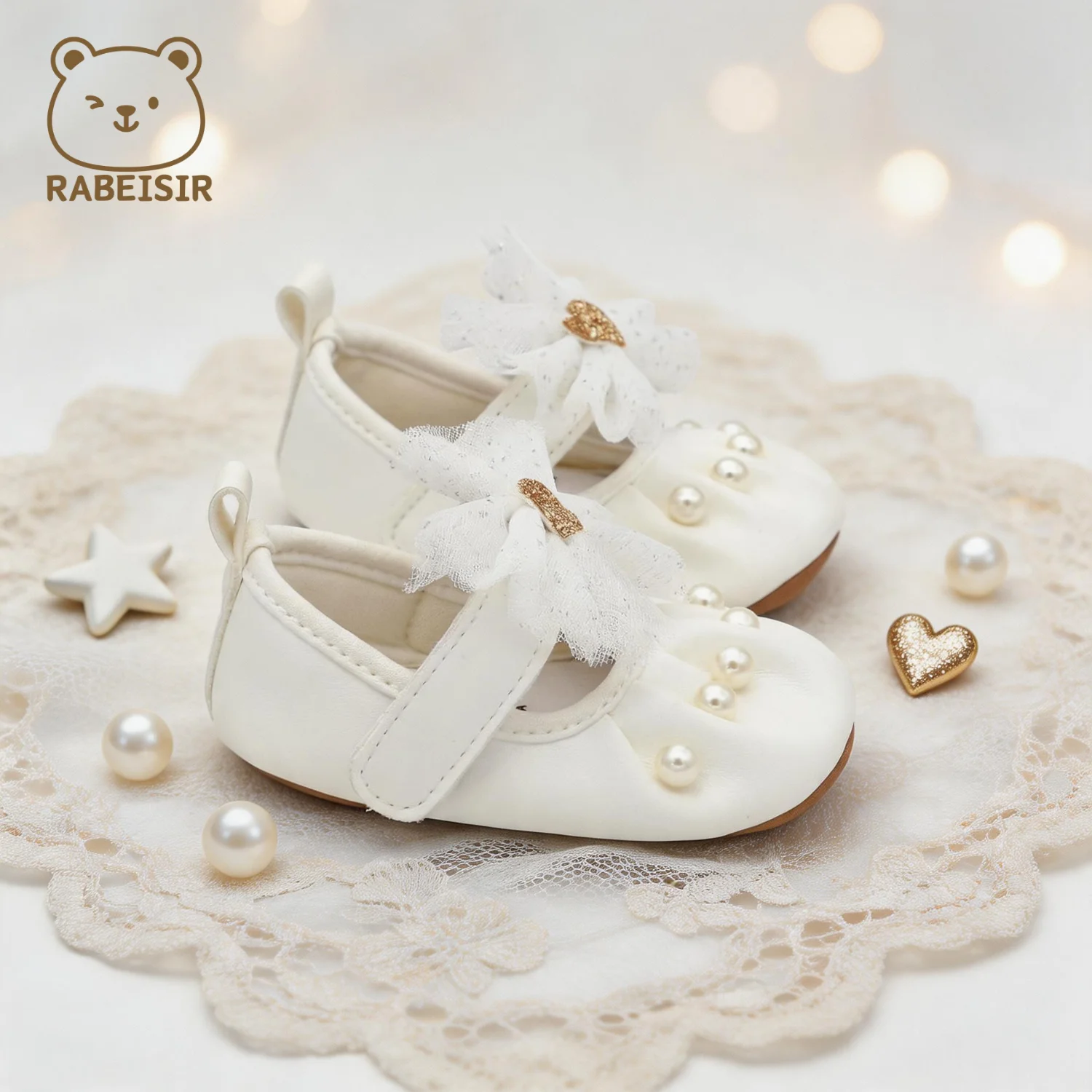 Niedliche weiße Baby-Laufschuhe, elegante Perlen-Tüll-Schleife, weiche Sohle, süße Prinzessinnen-Laufschuhe für Kleinkinder – Detail 6