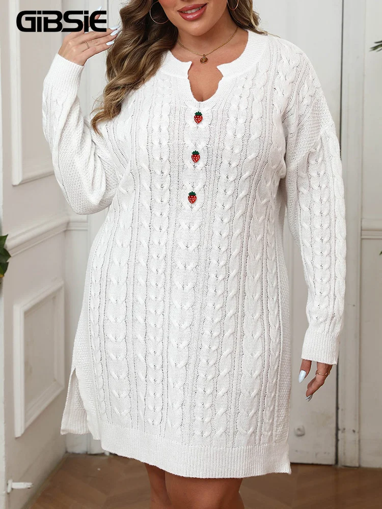 

GIBSIE плюс размер с вырезом на шее, клубничное платье-свитер на пуговицах спереди, женское осеннее платье 2022, модные вязаные пуловеры с разрезом по бокам, платья